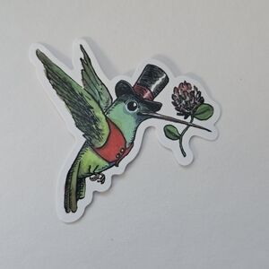 10/$10 Hummingbird Sticker with Top Hat - Green and Red